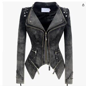 Stiffen Denim Studded Zipper Motorcycle Jacket 2 XS